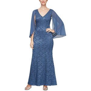 SLNY Womens Blue Lace Capelet Formal Evening Dress Gown NWT